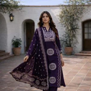 Abstract Purple Printed Cotton Kurta and Pant Set with Dupatta